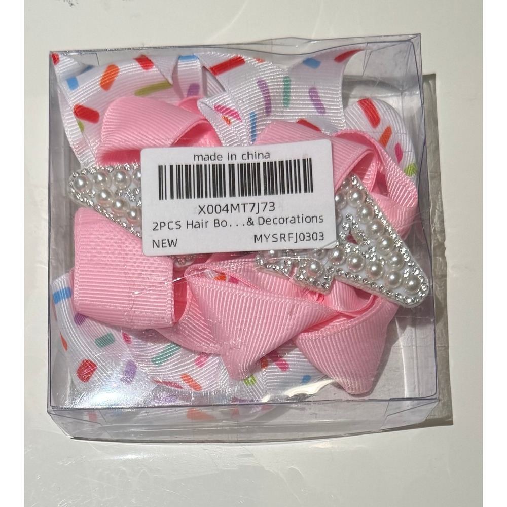 2PC 4th Birthday Hair Bows Pink White Sprinkles Pearl Number 4 Hair Clips Set